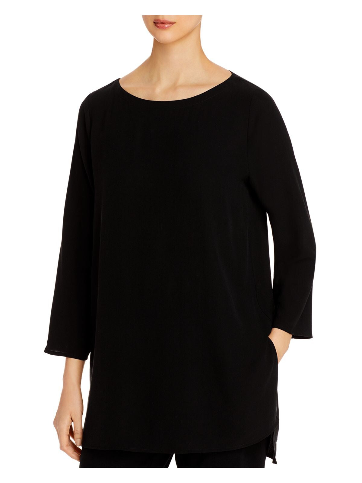 EILEEN FISHER Womens Black 3/4 Sleeve Jewel Neck Tunic Top XS