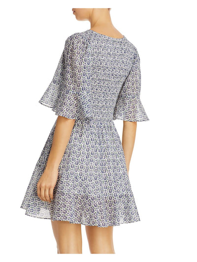 LA VIE Womens White Ruched Lined Floral Flutter Sleeve V Neck Above The Knee A-Line Dress XS