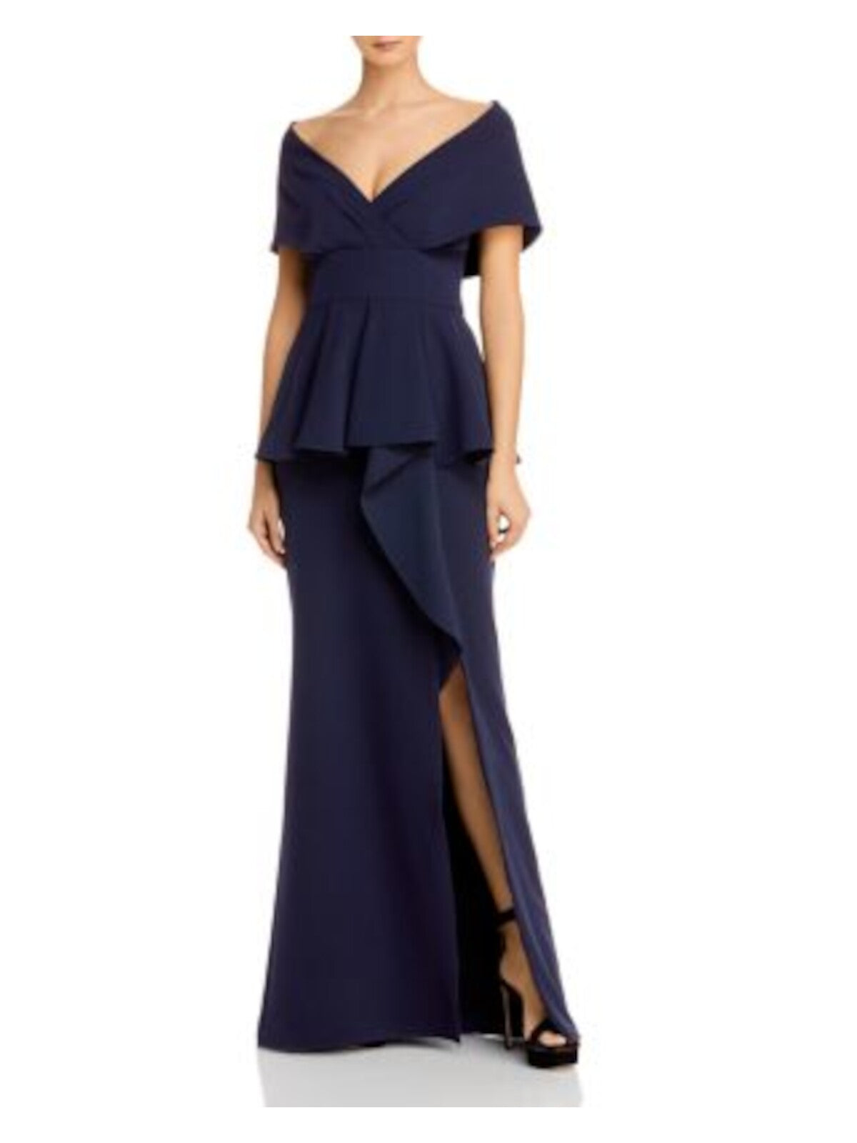 AIDAN MATTOX Womens Navy Stretch Zippered Ruffled Shawl Neckline Peplum Waist Slit Flutter Sleeve V Neck Full-Length Formal Sheath Dress 0