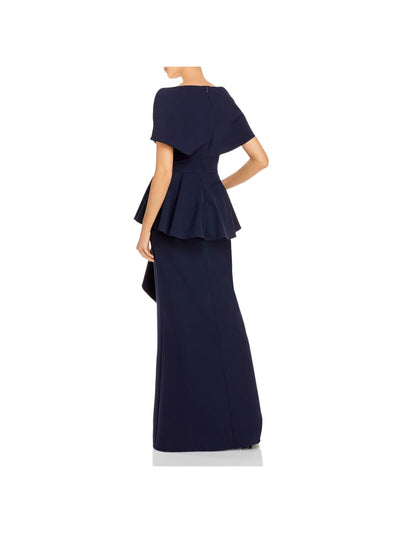 AIDAN MATTOX Womens Navy Stretch Zippered Ruffled Shawl Neckline Peplum Waist Slit Flutter Sleeve V Neck Full-Length Formal Sheath Dress 2