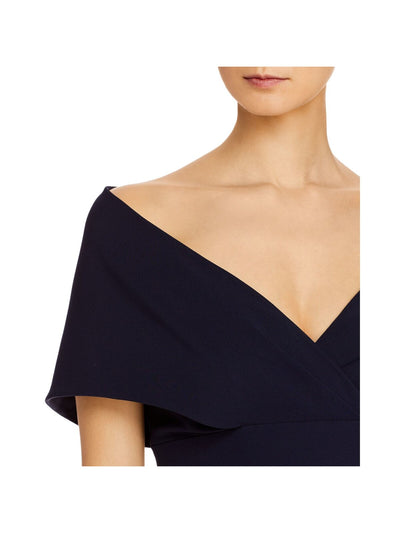 AIDAN MATTOX Womens Navy Stretch Zippered Ruffled Shawl Neckline Peplum Waist Slit Flutter Sleeve V Neck Full-Length Formal Sheath Dress 0