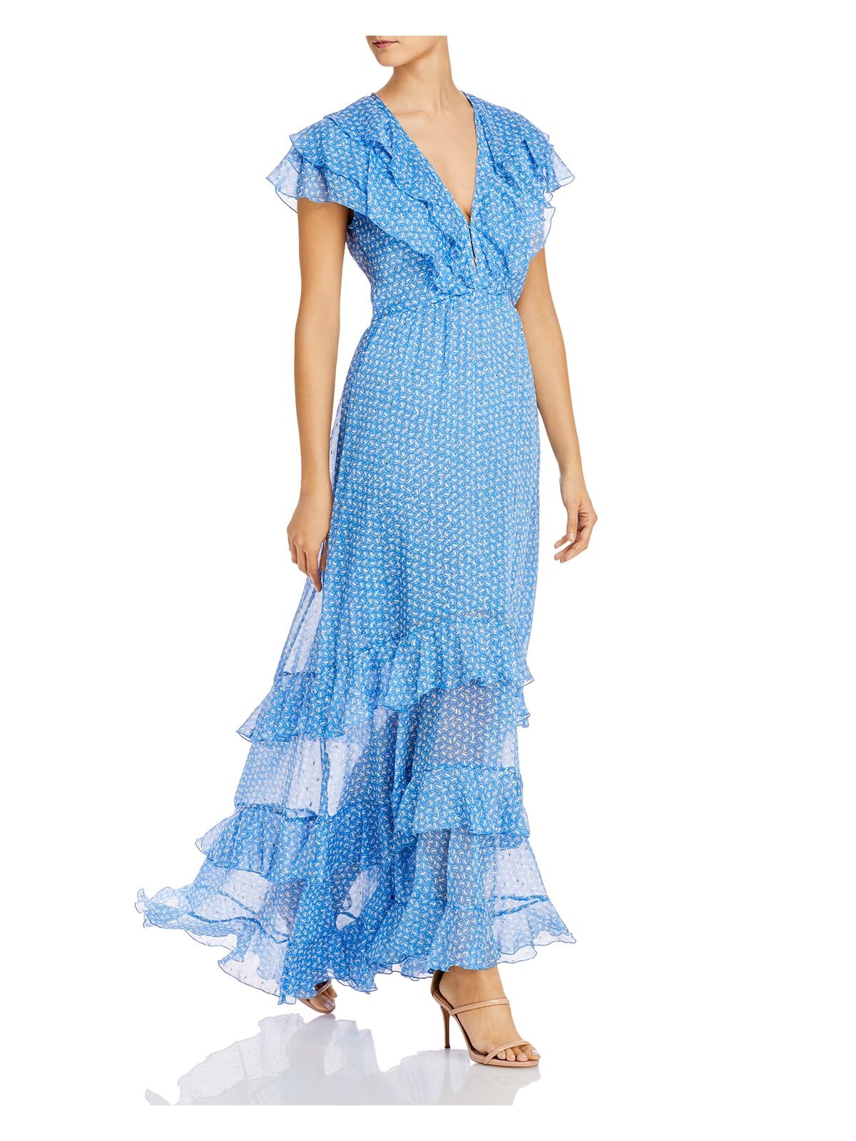 SABINA MUSAYEV Womens Blue Metallic Ruffled Sheer Tiered Printed Flutter Sleeve V Neck Full-Length Evening Fit + Flare Dress XS