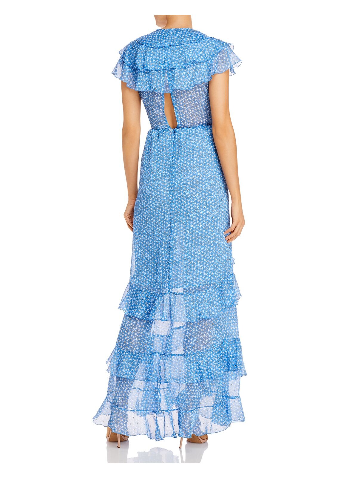 SABINA MUSAYEV Womens Blue Metallic Ruffled Sheer Tiered Printed Flutter Sleeve V Neck Full-Length Evening Fit + Flare Dress L