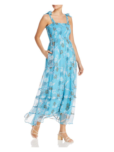 DOLAN Womens Aqua Smocked Tie Ruffled Floral Sleeveless Square Neck Maxi Evening Dress S