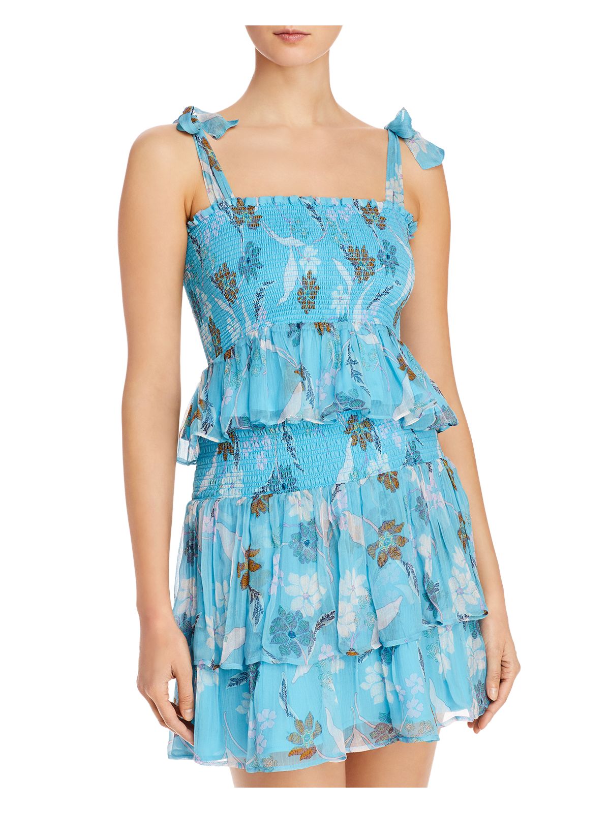 DOLAN Womens Aqua Stretch Smocked Ruffled Floral Short Sleeve Square Neck Short Evening Fit + Flare Dress S