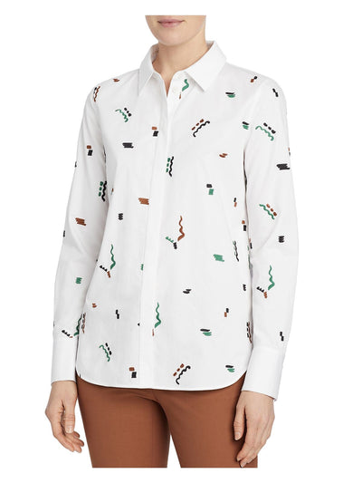 LAFAYETTE 148 NEW YORK Womens White Embroidered Printed Cuffed Sleeve Collared Button Up Top S