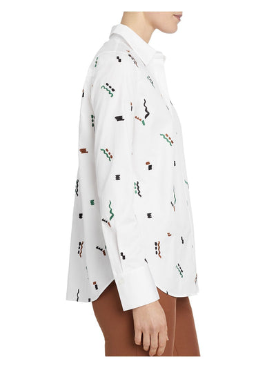 LAFAYETTE 148 NEW YORK Womens White Embroidered Printed Cuffed Sleeve Collared Button Up Top S