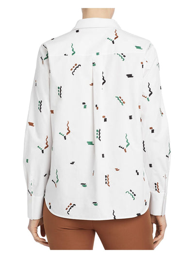 LAFAYETTE 148 NEW YORK Womens White Embroidered Printed Cuffed Sleeve Collared Button Up Top S