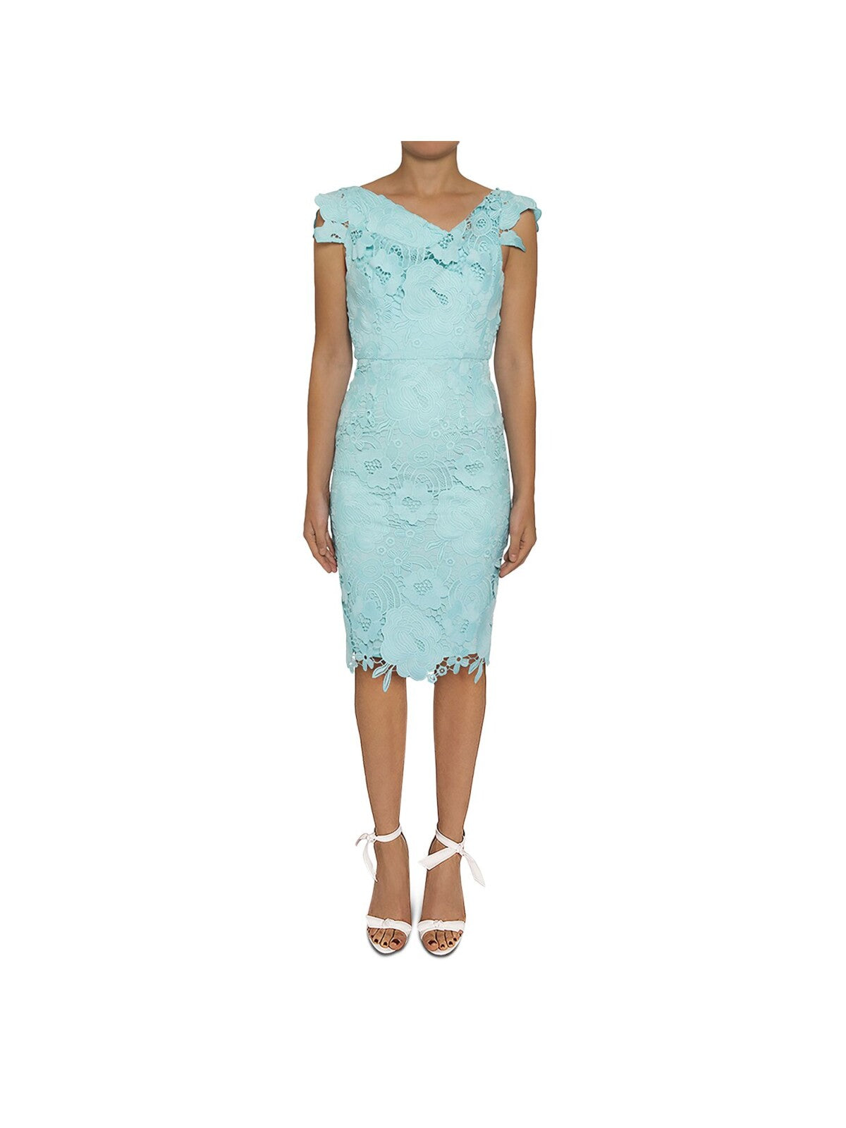 BLACK HALO Womens Aqua Stretch Lace Zippered Draped Neckline Lined Cap Sleeve Below The Knee Party Sheath Dress 4