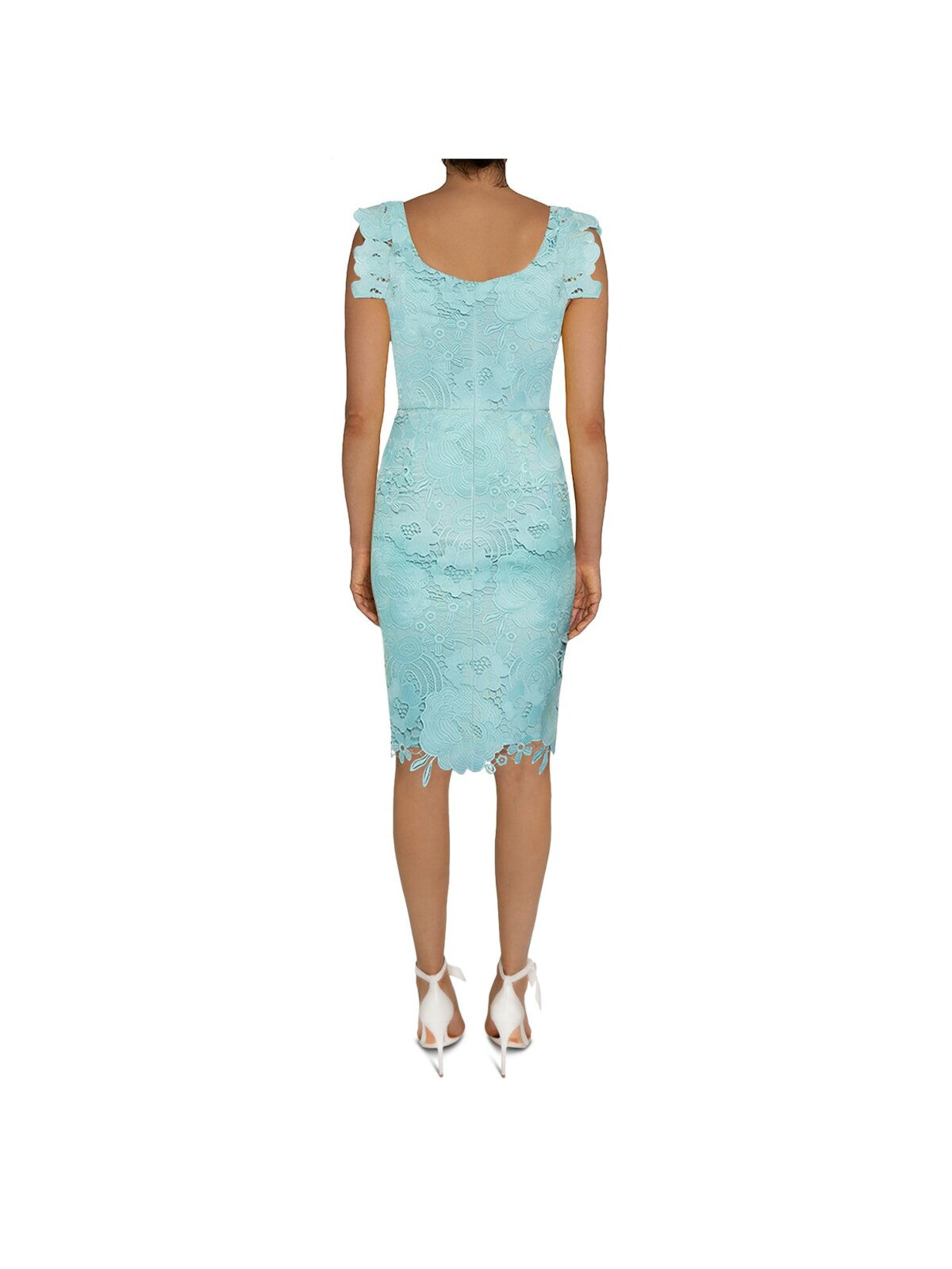 BLACK HALO Womens Aqua Stretch Lace Zippered Draped Neckline Lined Cap Sleeve Below The Knee Party Sheath Dress 4