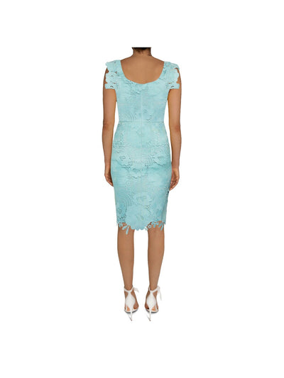BLACK HALO Womens Aqua Stretch Lace Zippered Draped Neckline Lined Cap Sleeve Below The Knee Party Sheath Dress 4