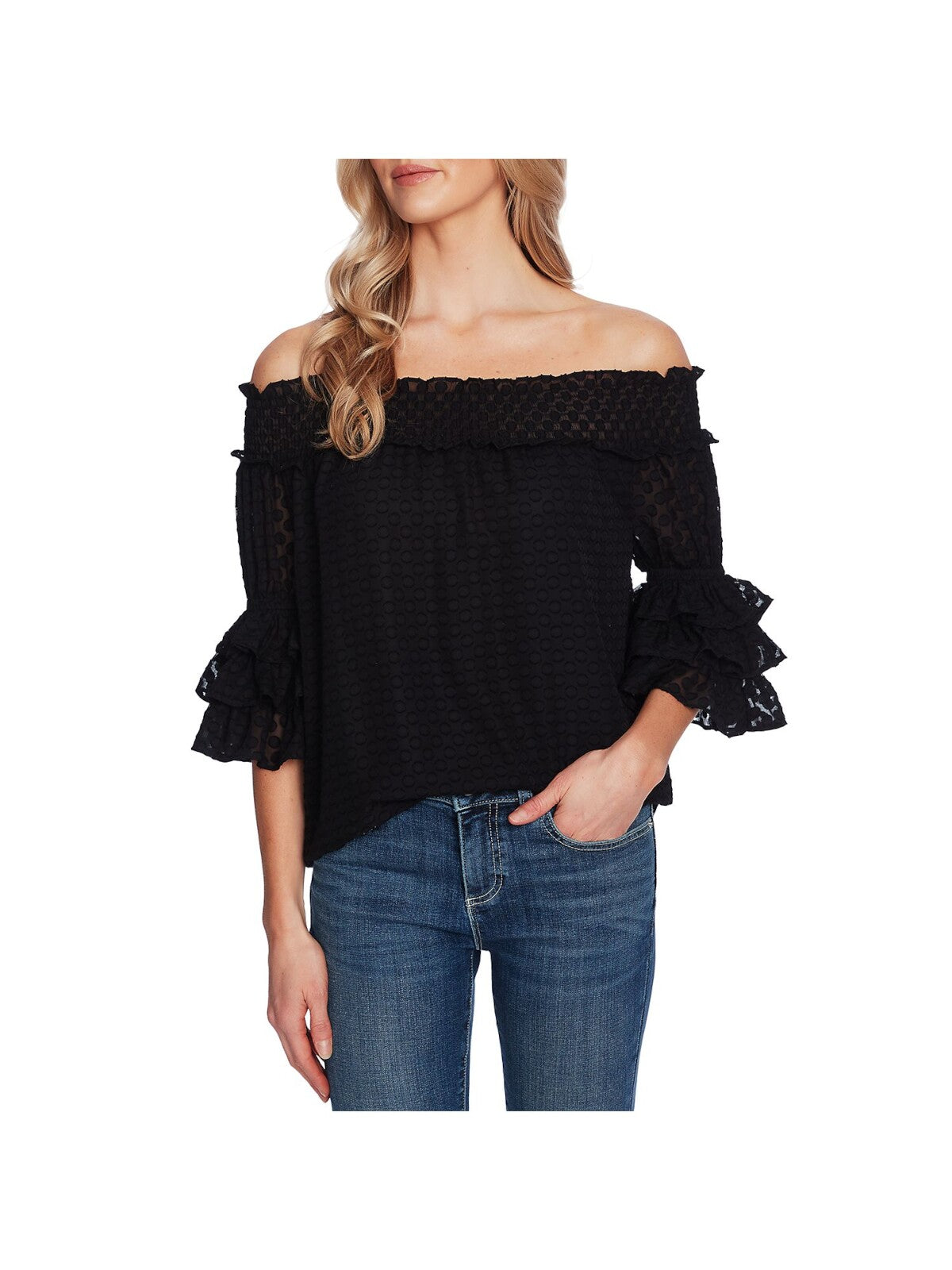 CECE Womens Stretch Smocked Ruffled Lined 3/4 Sleeve Off Shoulder Top
