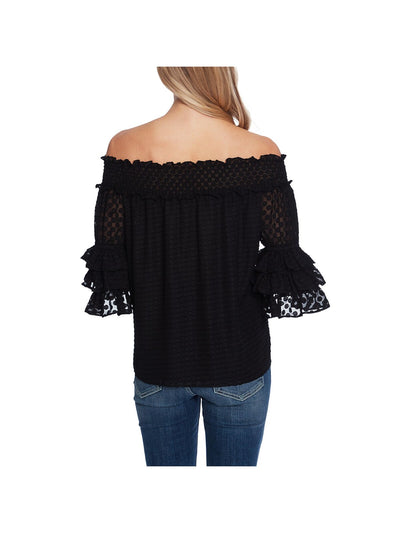 CECE Womens Black Stretch Smocked Ruffled Lined 3/4 Sleeve Off Shoulder Top XS