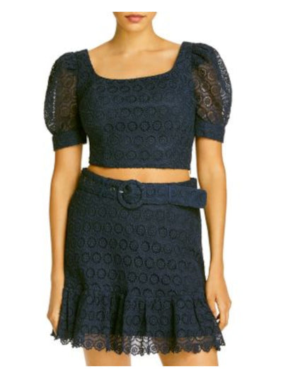 AQUA Womens Navy Lace Floral Pouf Square Neck Crop Top Size: XS