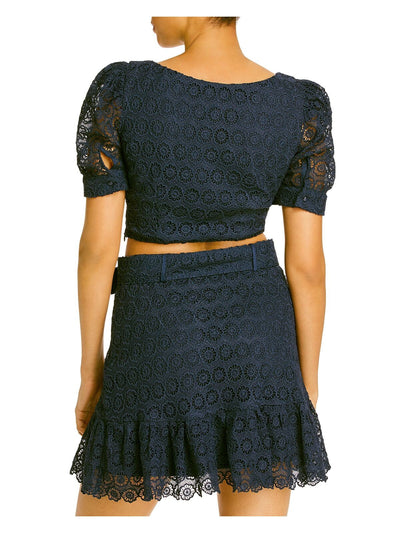 AQUA Womens Navy Lace Floral Pouf Square Neck Crop Top Size: XS