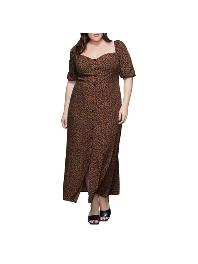 GOOD AMERICAN Womens Brown Smocked Fitted Corset Animal Print Pouf Sleeve Sweetheart Neckline Maxi Party Fit + Flare Dress 2
