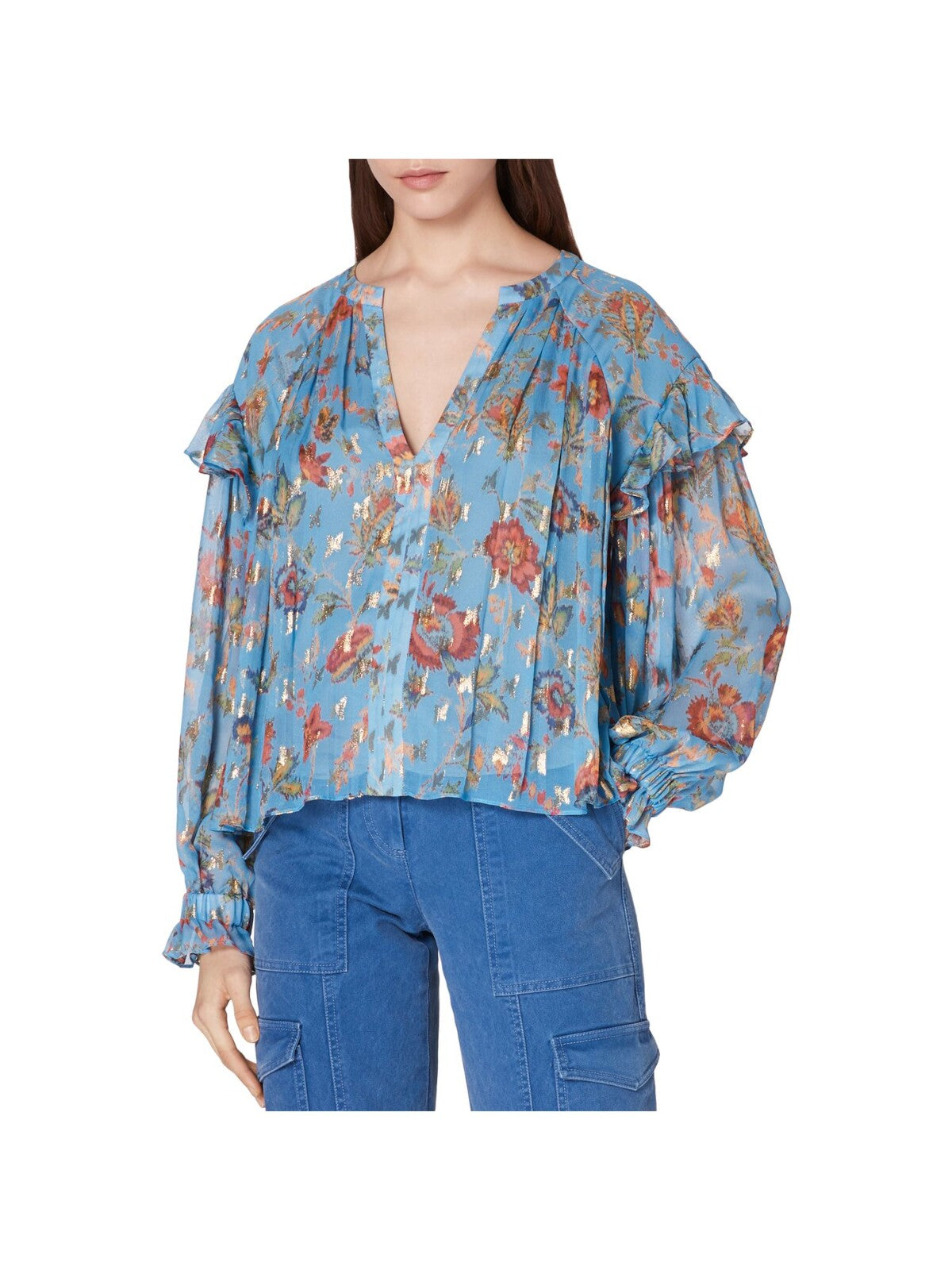 DEREK LAM 10 CROSBY Womens Blue Ruffled Metallic Pleated Floral Long Sleeve Split Blouse 8