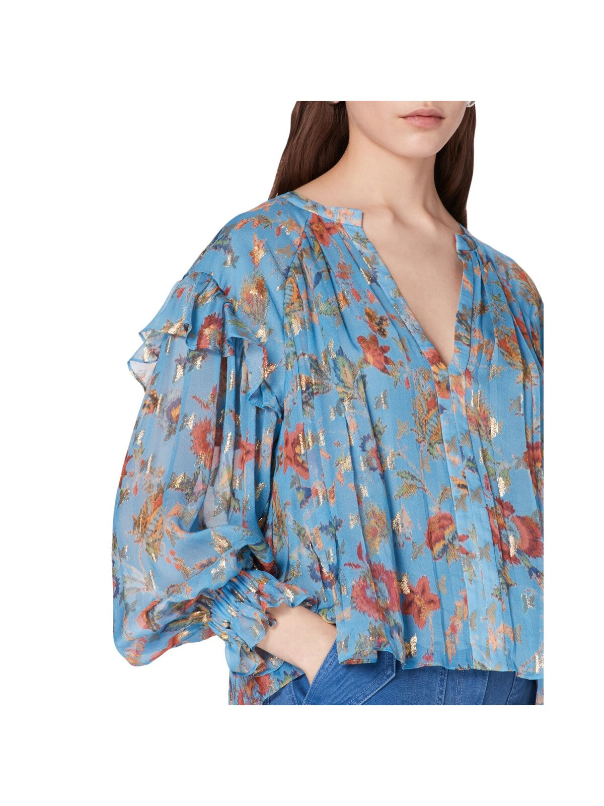 DEREK LAM 10 CROSBY Womens Blue Ruffled Metallic Pleated Floral Long Sleeve Split Blouse 4