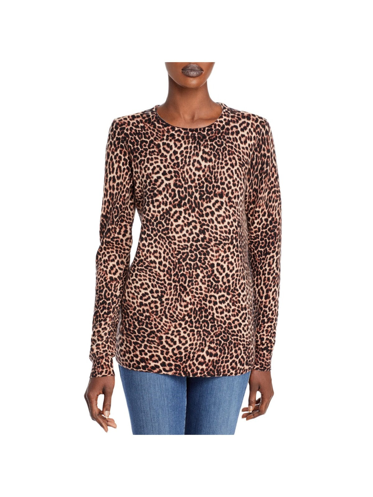 Designer Brand Womens Brown Cashmere Animal Print Long Sleeve Jewel Neck Wear To Work Sweater S