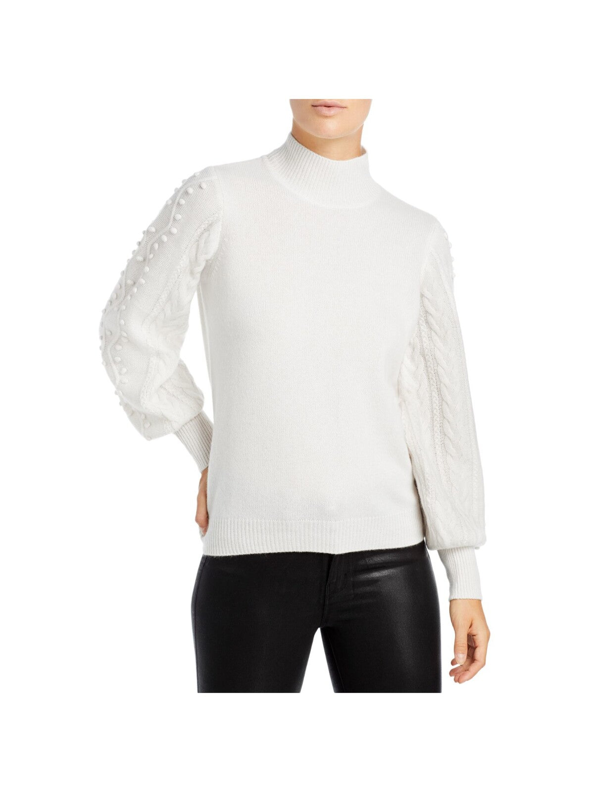 Designer Brand Womens Ivory Textured Ribbed Long Balloon Sleeve Mock Neck Sweater XS