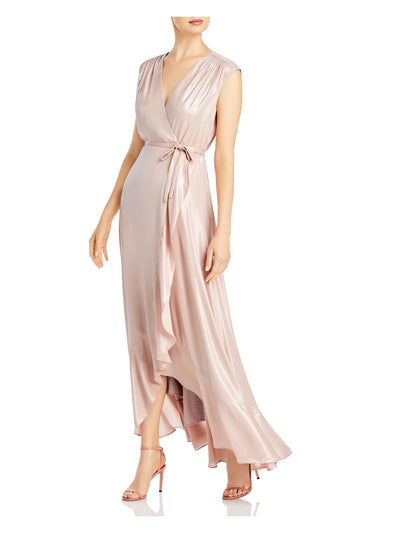 AQUA Womens Pink Stretch Metallic Tie Lined Sleeveless Surplice Neckline Full-Length Evening Wrap Dress 0