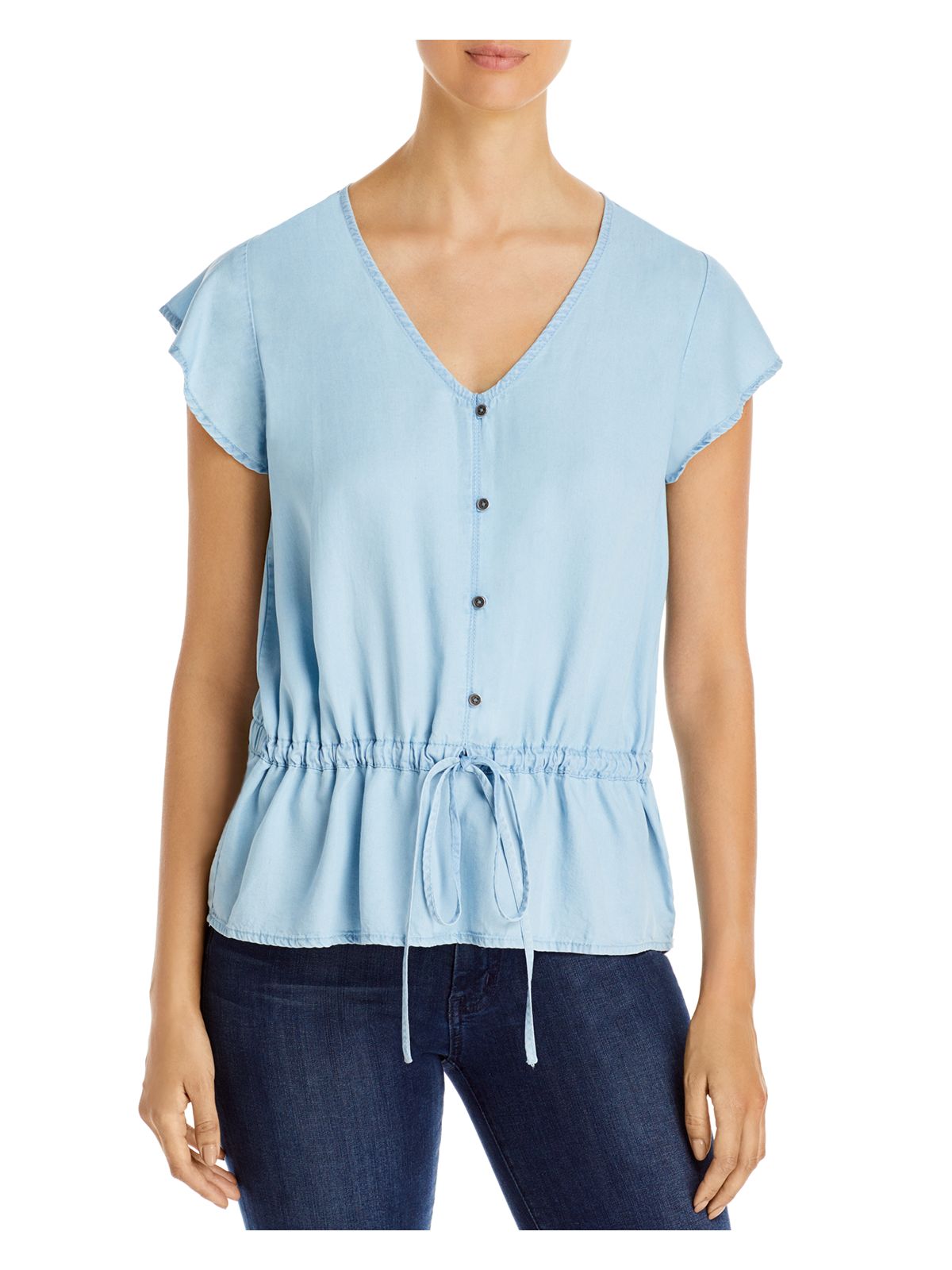 ALISON ANDREWS Womens Blue Tie Button Flutter Sleeve V Neck Peplum Top L