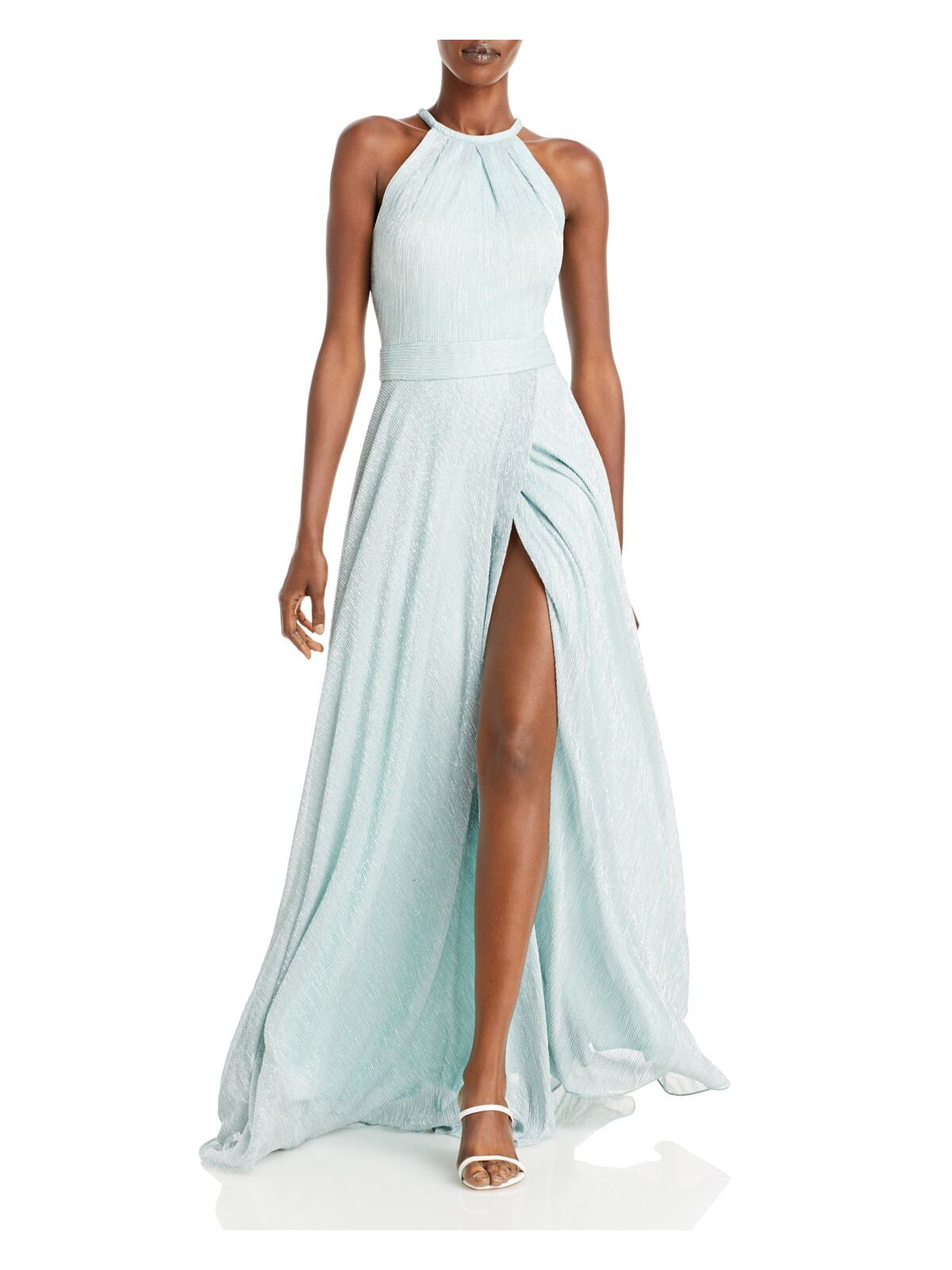 AQUA FORMAL Womens Aqua Pleated Metallic Crinkled Gown Sleeveless Halter Full-Length Formal Dress 0