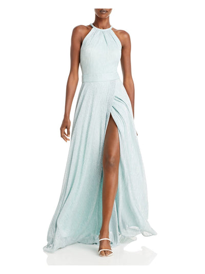 AQUA FORMAL Womens Aqua Glitter Pleated Metallic Crinkled Gown Sleeveless Halter Full-Length Formal Dress 2