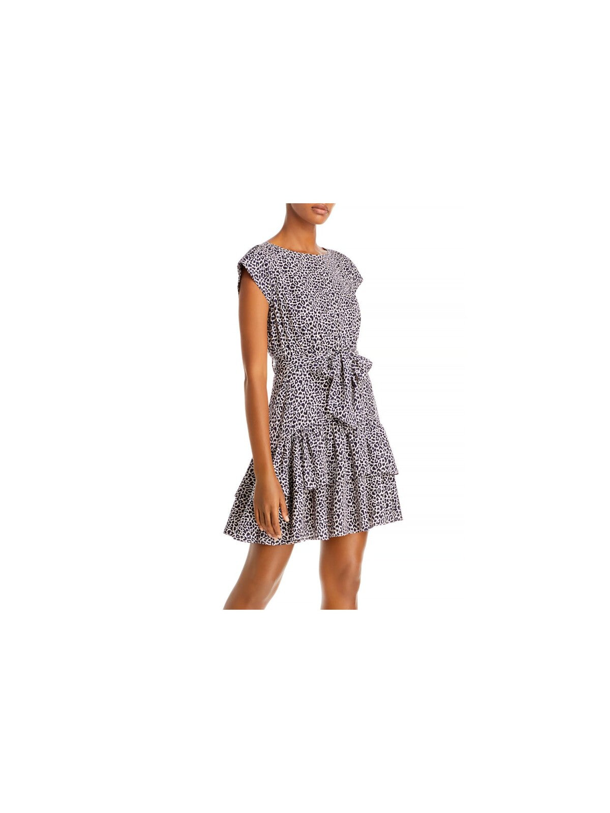 REBECCA TAYLOR Womens Navy Belted Ruffled Animal Print Cap Sleeve Crew Neck Mini Fit + Flare Dress 6