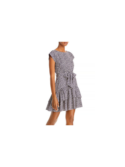 REBECCA TAYLOR Womens Navy Belted Ruffled Animal Print Cap Sleeve Crew Neck Mini Fit + Flare Dress 6