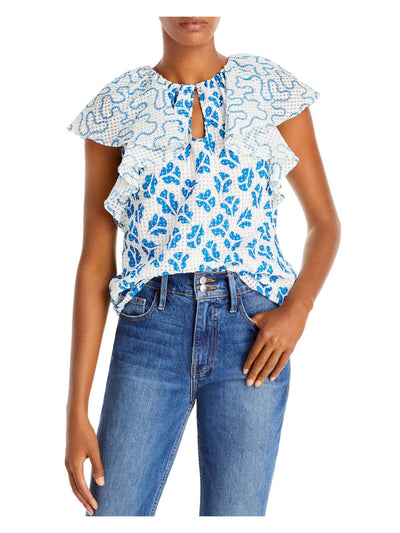 REBECCA TAYLOR Womens Blue Ruffled Pleated Printed Flutter Sleeve Tie Neck Top S