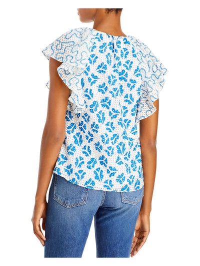 REBECCA TAYLOR Womens Blue Ruffled Pleated Printed Flutter Sleeve Tie Neck Top S