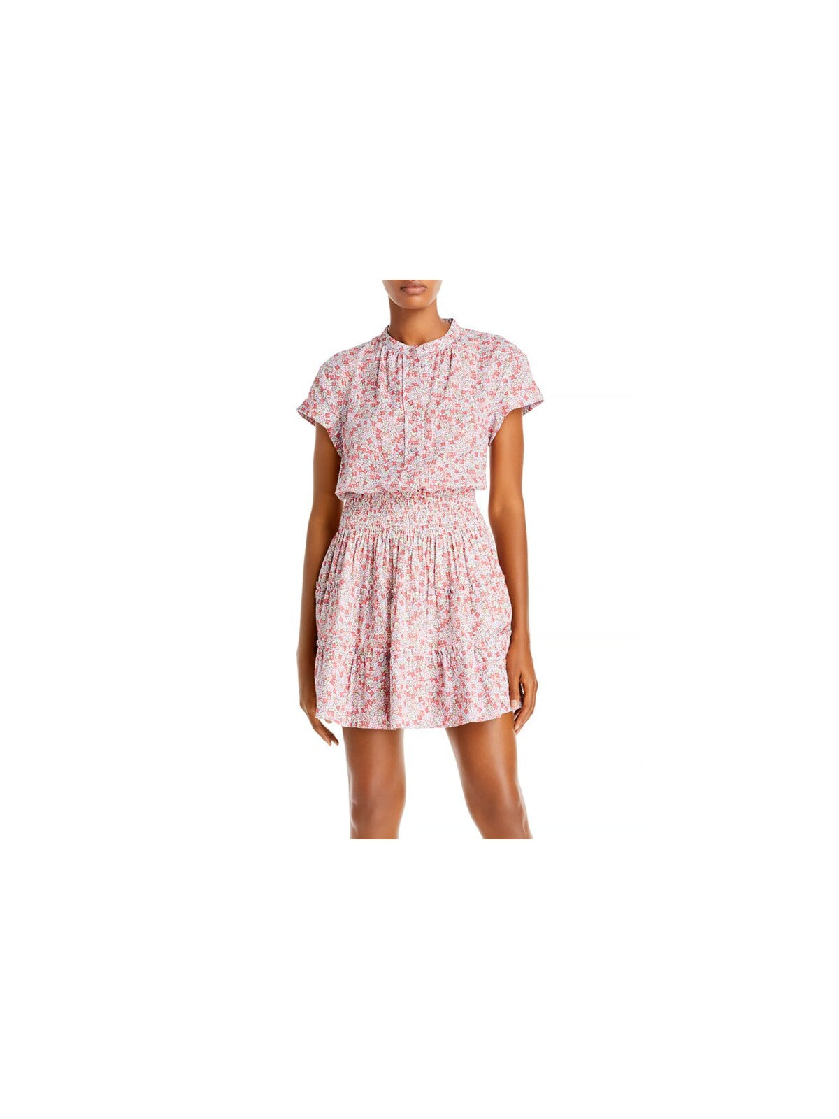 LA VIE BY REBECCA TAYLOR Womens Pink Smocked Ruffled Half Button Front Tiered Skirt Floral Short Sleeve Collarless Short Fit + Flare Dress M
