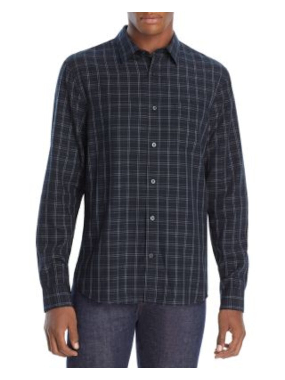 VINCE. Mens Navy Tartan Plaid Long Sleeve Collared Button Down Shirt XS