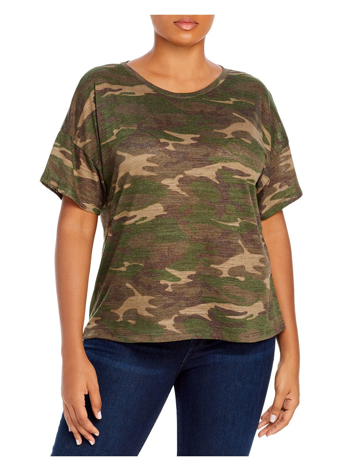 LNA CLOTHING Womens Green Sheer Camouflage Short Sleeve Crew Neck T-Shirt Plus 1X