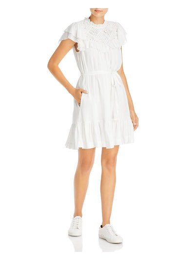 LINI Womens White Zippered Ruffled Embroidered Eyelet Cap Sleeve Crew Neck Short Blouson Dress M