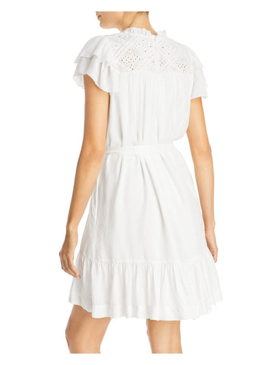 LINI Womens White Zippered Ruffled Embroidered Eyelet Cap Sleeve Crew Neck Short Blouson Dress M