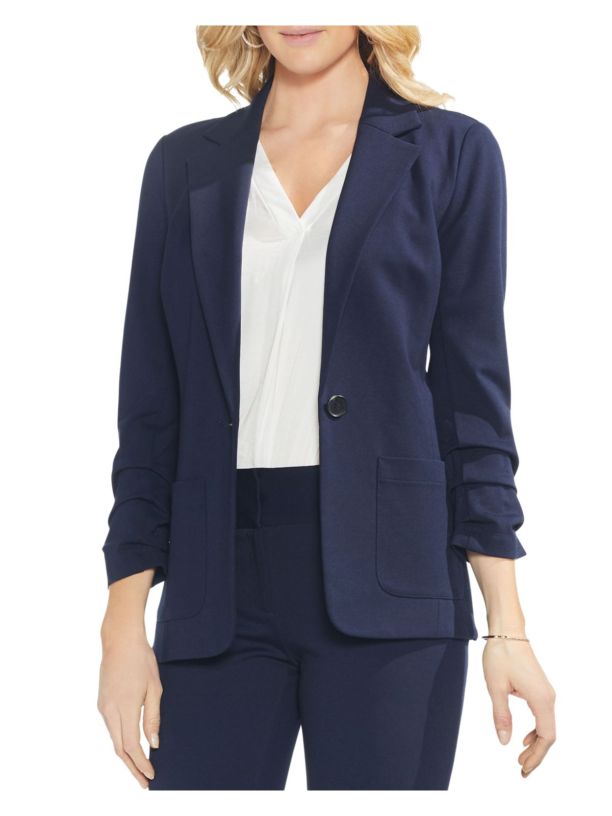 VINCE CAMUTO Womens Navy Pocketed Ruched 3/4 Sleeve Notched Collar Button Wear To Work Blazer Jacket L