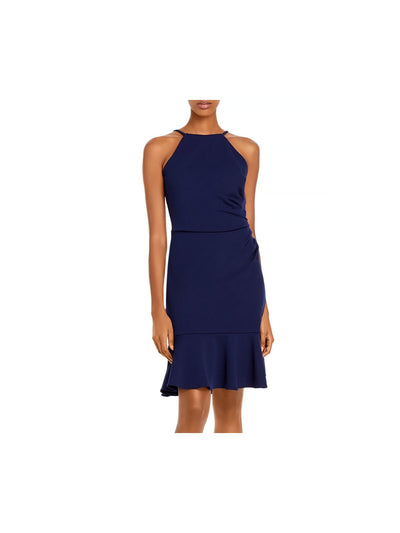 AQUA FORMAL Womens Navy Pleated Ruffle Hem Halter Above The Knee Cocktail Sheath Dress 8