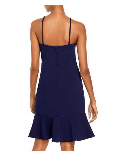 AQUA FORMAL Womens Navy Pleated Ruffle Hem Halter Above The Knee Cocktail Sheath Dress 8