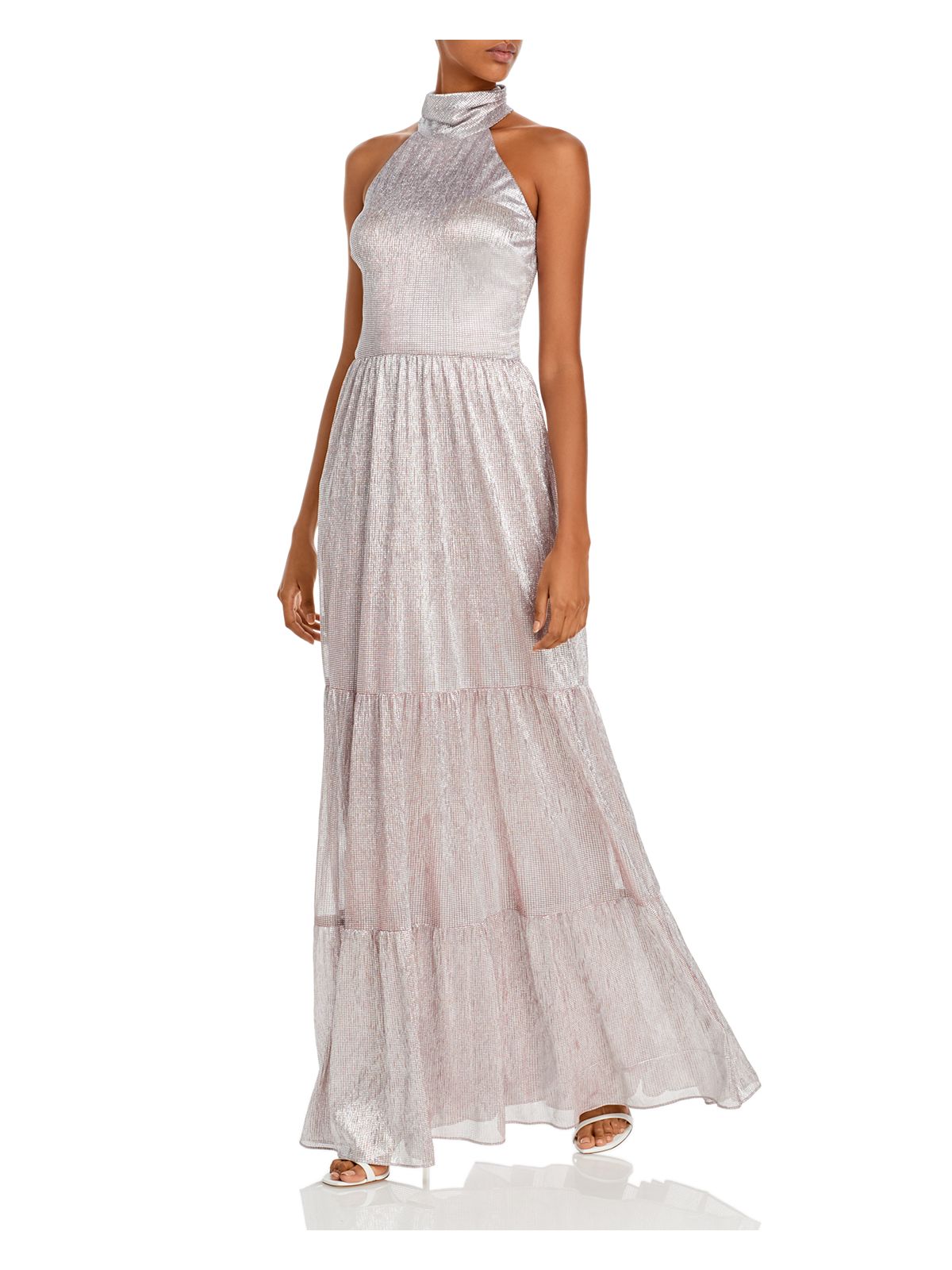 AQUA FORMAL Womens Glitter Tiered Sleeveless Halter Full-Length Evening Fit + Flare Dress