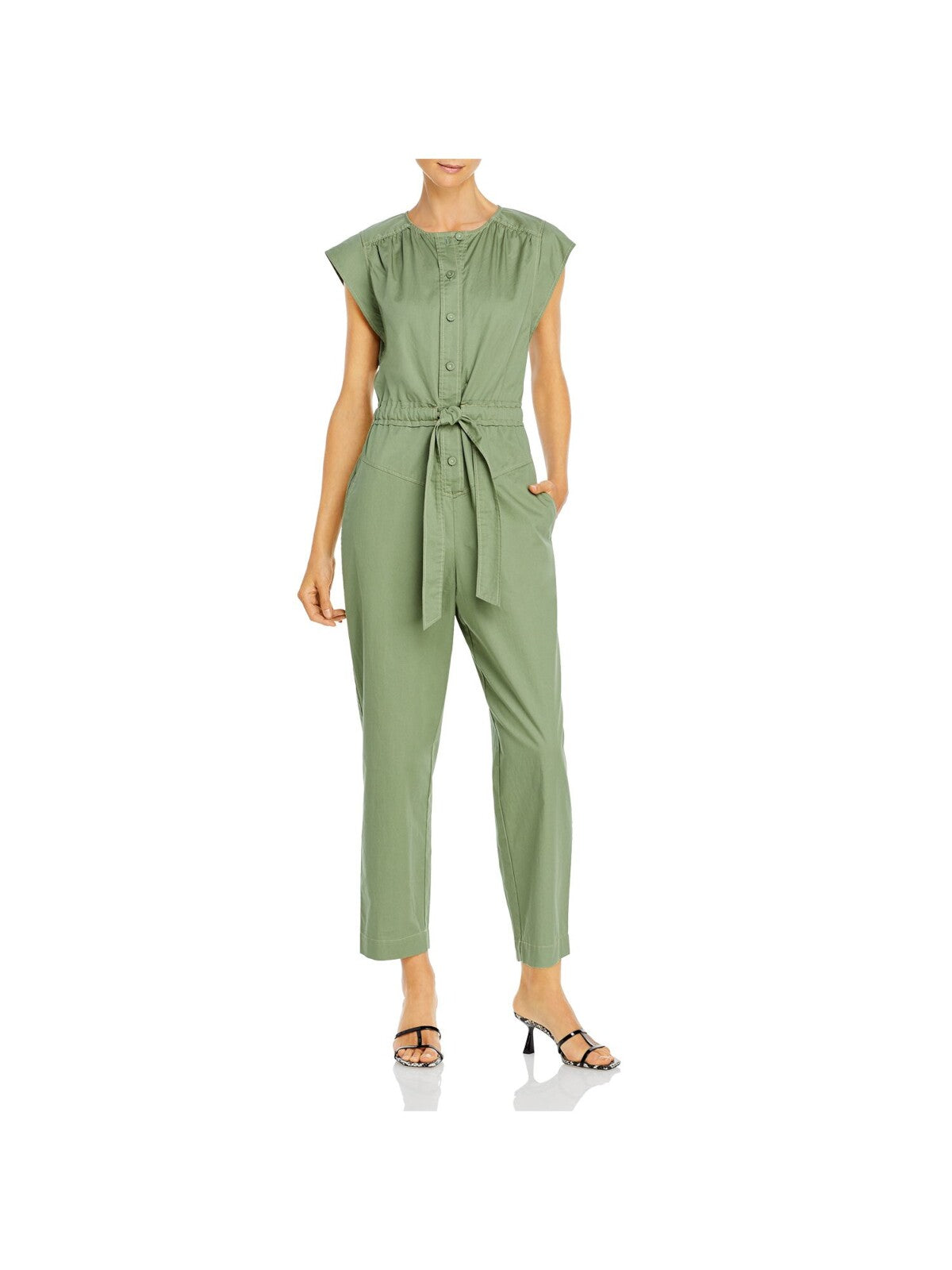 LA VIE BY REBECCA TAYLOR Womens Green Pocketed Tie Button Pleated Drawstring Cap Sleeve Jewel Neck Wear To Work Jumpsuit S