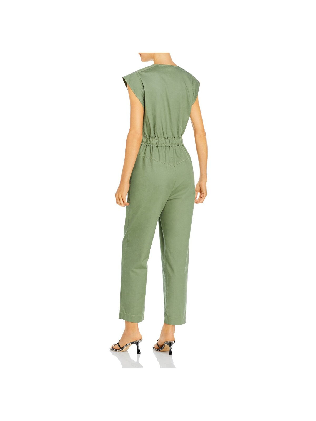 LA VIE BY REBECCA TAYLOR Womens Green Pocketed Tie Button Pleated Drawstring Cap Sleeve Jewel Neck Wear To Work Jumpsuit XS