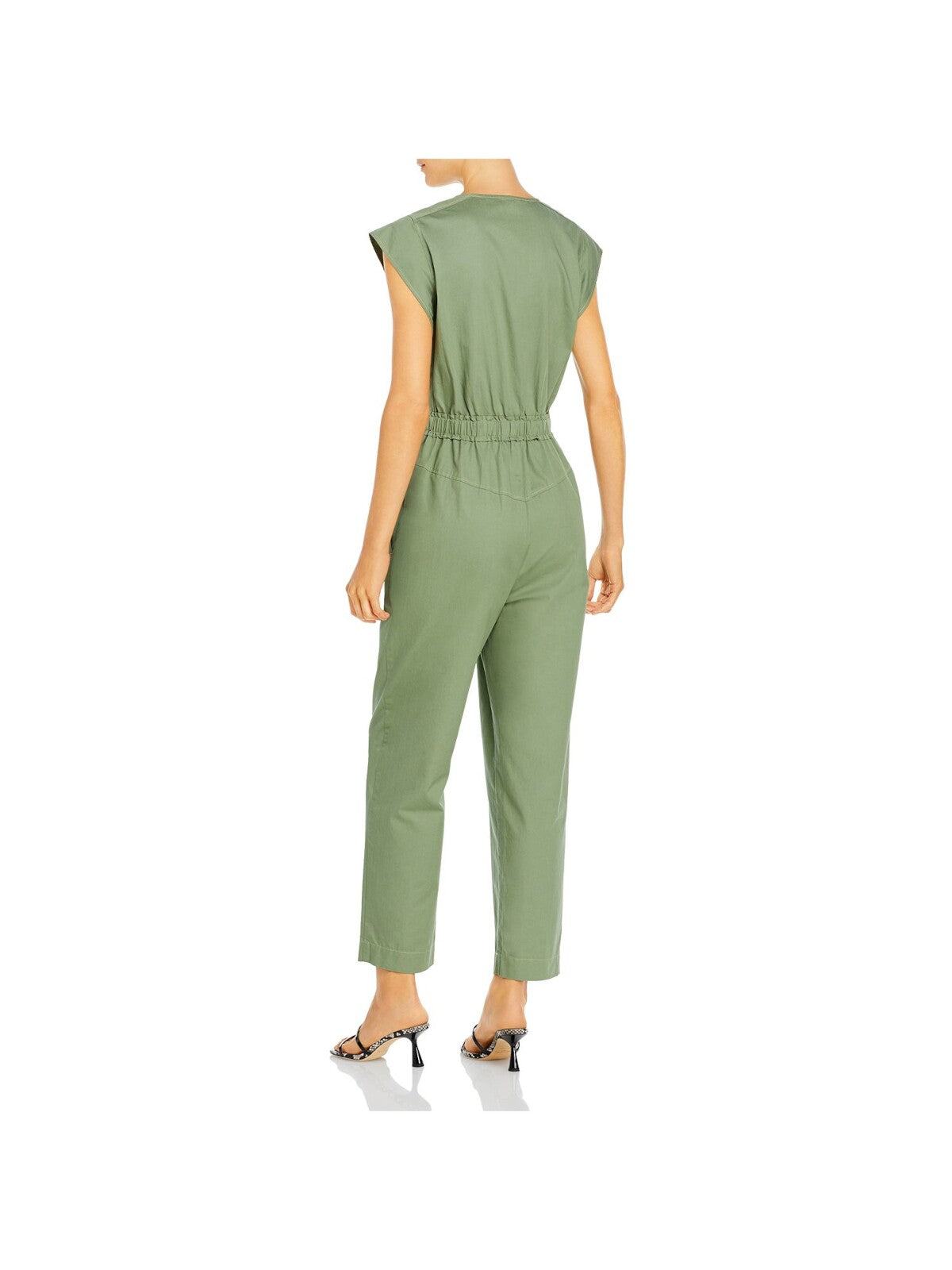 LA VIE BY REBECCA TAYLOR Womens Green Pocketed Tie Button Pleated Drawstring Cap Sleeve Jewel Neck Wear To Work Jumpsuit M
