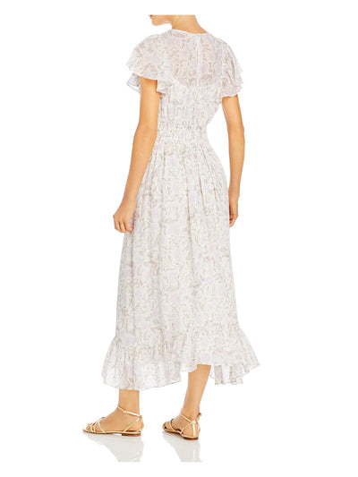REBECCA TAYLOR Womens White Smocked Ruffled Lined Sheer Printed Flutter Sleeve Keyhole Midi Fit + Flare Dress 0