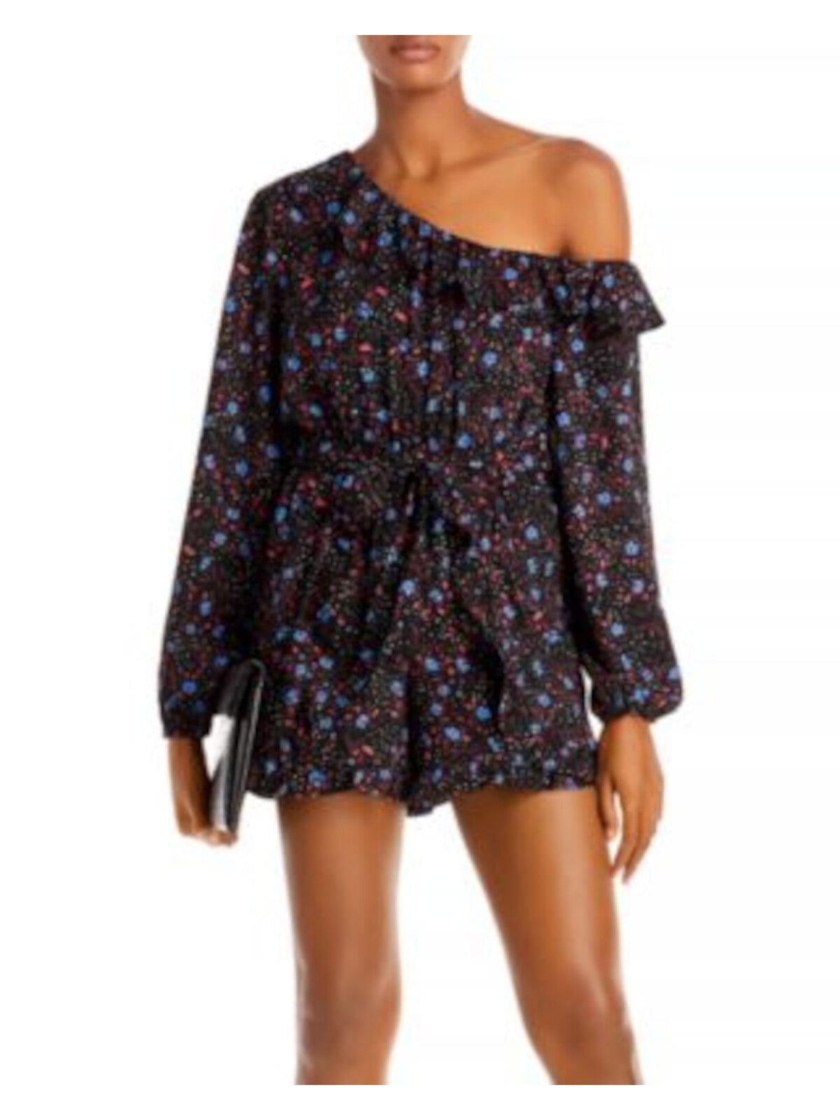 AQUA Womens Black Belted Floral Long Sleeve Off Shoulder Romper M