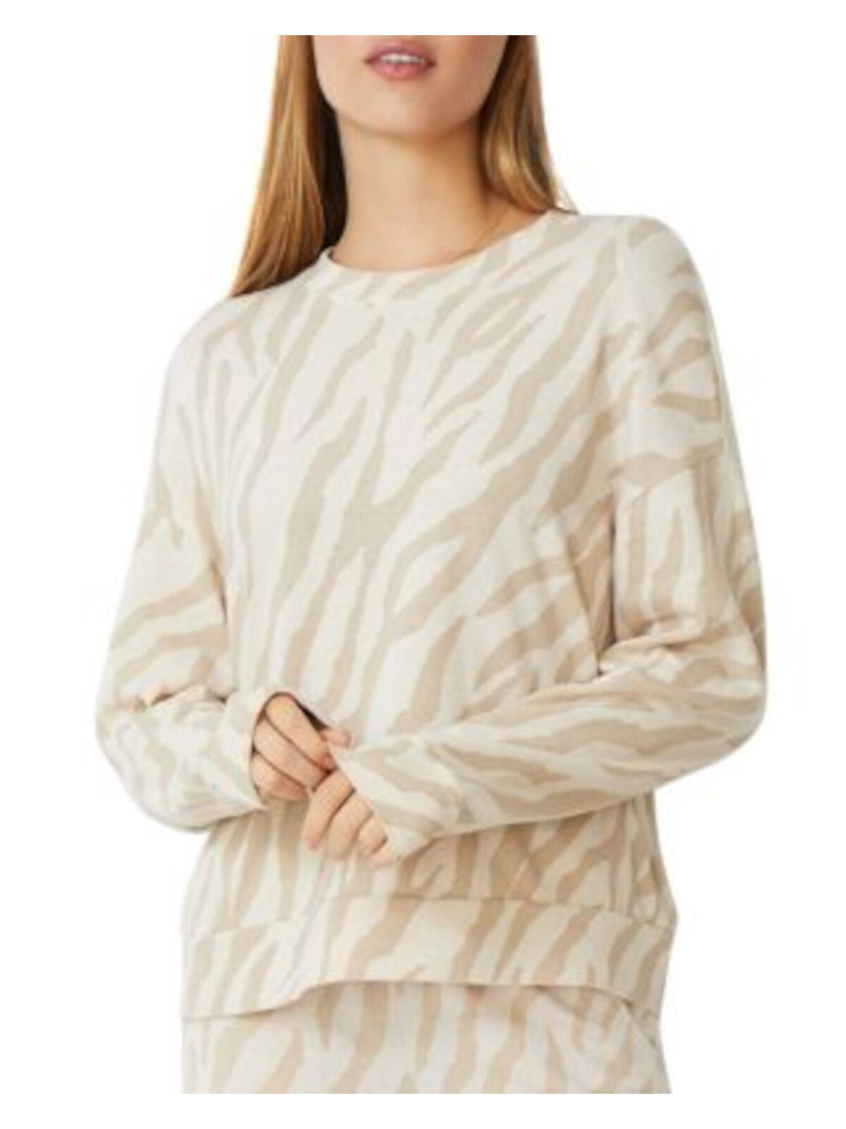 MONROW Womens Beige Stretch Ribbed Boxy Long Sleeve Mock Neck Sweatshirt XS