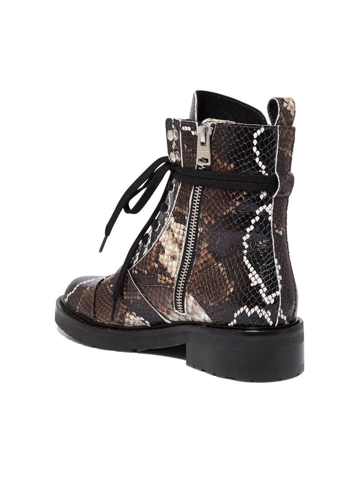 ALLSAINTS Womens Black Snakeskin 1/2" Platform Metallic Accents Lace-Up Removable Insole Buckle Accent Padded Donita Round Toe Block Heel Zip-Up Combat Boots