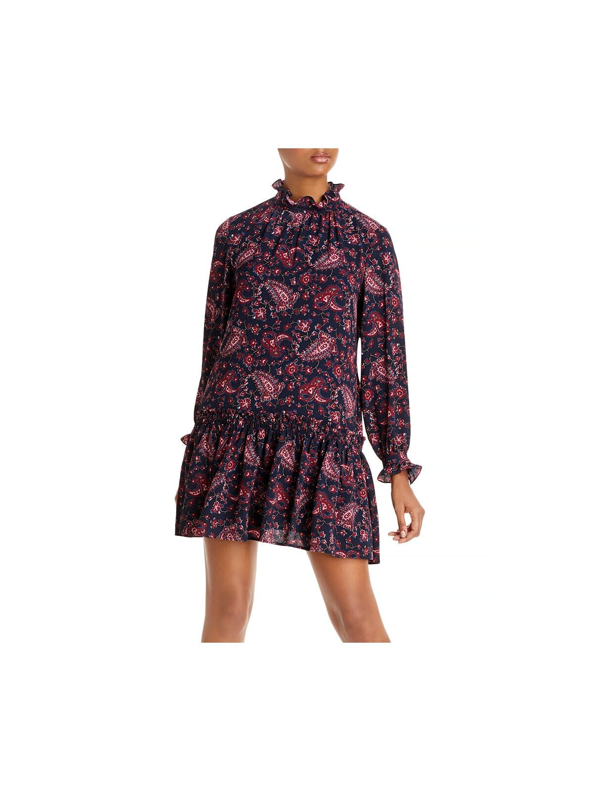 REBECCA TAYLOR Womens Navy Ruffled Smocked Paisley Long Sleeve Mock Mini Party Shift Dress XS