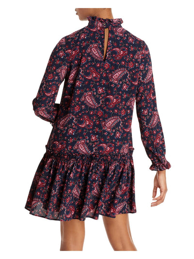 REBECCA TAYLOR Womens Navy Ruffled Smocked Paisley Long Sleeve Mock Mini Party Shift Dress XS